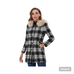 Allegra K Women's Plaid Coat With Fluffy Hood, Front pockets and Buttons Size sm